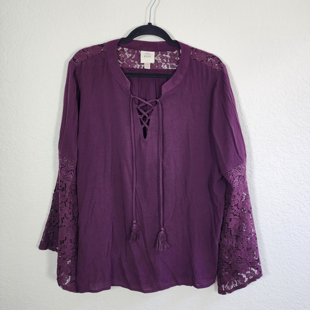 Women's Plus XXL Purple Mixed Fabric Knox Rose Lace Bell Sleeves Boho Pheasant